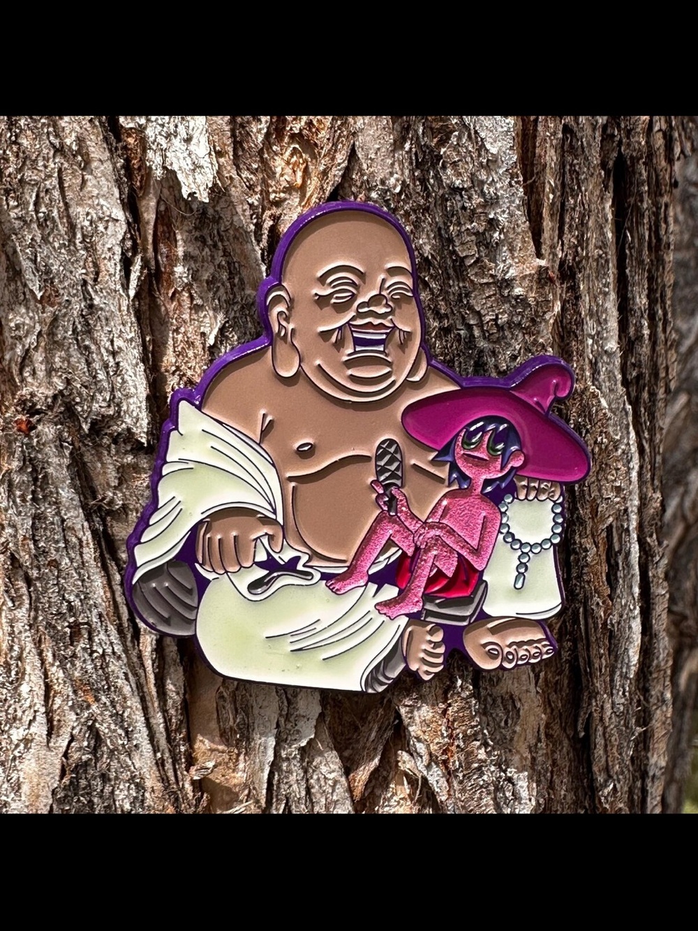 Smiling Buddha & Witchy Figure Enamel Pin - Purple, Pink, Cream